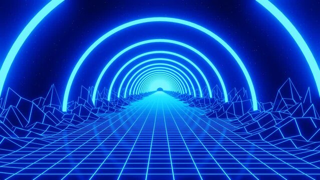3d Motion Futuristic Neon Laser Rings of Ultraviolet Fluorescent Blue Light Tunnel. Abstract cyber sci-fi background with looped seamless animation of flying  in futuristic endless tunnel 4k 30 fps