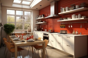 Stylish Cozy modern kitchen room. Front view. Generate Ai - obrazy, fototapety, plakaty