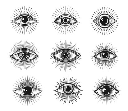 Mason tattoo, providence illuminati eyes. Esoteric occult symbols. Mystic or esoteric witch eye, luck charm, spiritual and mystical vision symbol or witchcraft, magic providence, fortune vector signs