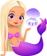 Cartoon mermaid character, cute girl fish or sea princess, isolated vector. Marine little happy mermaid with baby jellyfish, underwater fantasy and undersea cartoon mermaid with fish tail for kids