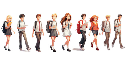 a group of school kids walking, 3/4 view, in an isolated and transparent PNG in a Social-themed,  illustration. Generative ai