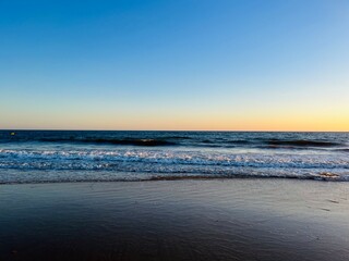 Evening quiet sea horizon, seascape background, sandy coast