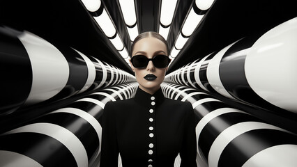 Elegante Fashion Frau in schwarz weiß Retro Designer Outfit blickt in die Kamera Porträt, ai generativ - obrazy, fototapety, plakaty