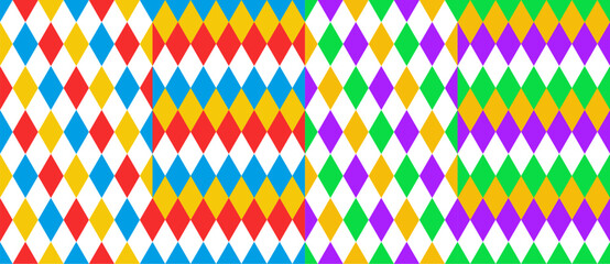 Circus harlequin patterns, rhombus lozenge pattern. Vector seamless backgrounds of carnival clown and joker diamonds ornament. Geometric shapes of blue, green, red, white and yellow rhombus backdrop - obrazy, fototapety, plakaty