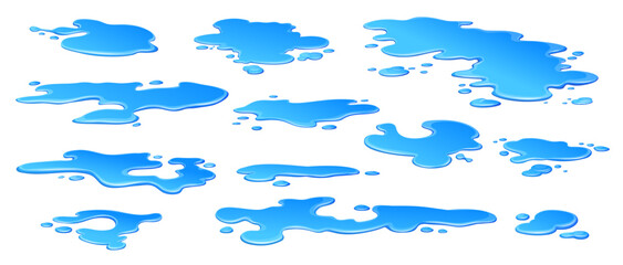 Cartoon rain water puddles, liquid water splashes and leakage, isolated vector icons. Blue water spill drops, puddles or color paint wet drips on floor surface with leak splatters and splashes