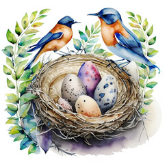Gniazdo i ptaki ilustracja - obrazy, fototapety, plakaty
