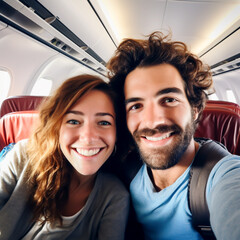HAPPY COUPLE TAKING SELFIE IN THE AIRPLANE CABIN. image created by legal AI
