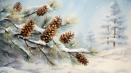 New Year's blue background with a Christmas tree and pine cones on the branches
