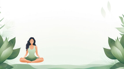 Woman practice yoga template white and green namaste copy space