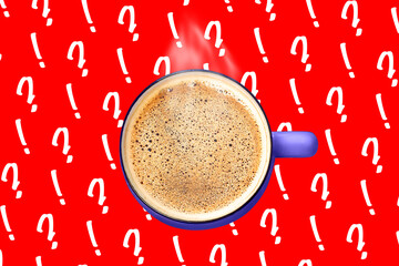 Steaming coffee cup foam top view question exclamation mark on red background creative collage. Hot drink mug Energy sip Breakfast Coffee to go Latte beverage shop sale Social media advertising design
