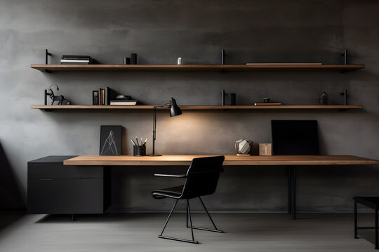 Fototapeta black minimalist office bookshelf The walls are wood and dark gray concrete.
