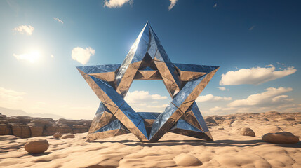 Naklejka premium Metallic David star in the sand of desert. Shiny 3D Israel symbol of Magen David.