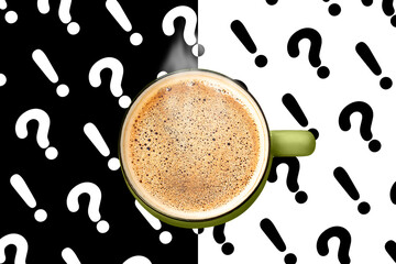 Steaming coffee cup foam top view question and exclamation mark black white background creative collage. Hot drink mug Energy sip Breakfast Coffee to go Latte beverage shop sale Social media ad design