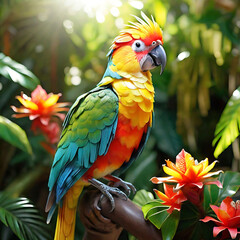 Bright exotic bird in a tropical garden, sunlight. AI 