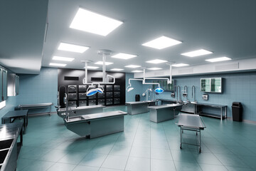 Interior of a morgue in a modern hospital. Concept death, autopsy, cause of death, funeral, funeral services. 3D illustration, 3D render, copy space.