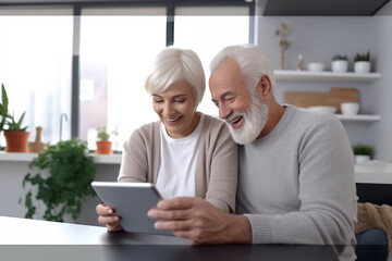 Portrait of an elderly couple of a happy smiling Caucasian man and woman looking up information on the internet on a tablet.