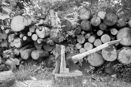 Photography on theme big steel axe with wooden handle