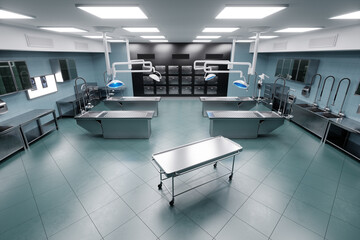 Interior of a morgue in a modern hospital. Concept death, autopsy, cause of death, funeral, funeral services. 3D illustration, 3D render, copy space. - obrazy, fototapety, plakaty
