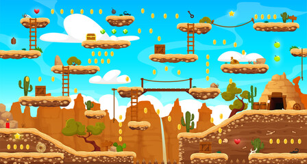 Wild west arcade game level map with platforms, rocks and mountains. Cartoon vector 2d desert landscape, ui background for computer or mobile. Canyon with cacti, assets, jumping islands or bonus items