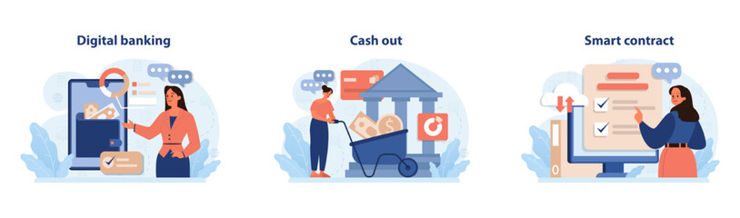 DeFi, decentralized finance set. Smart distributed ledger