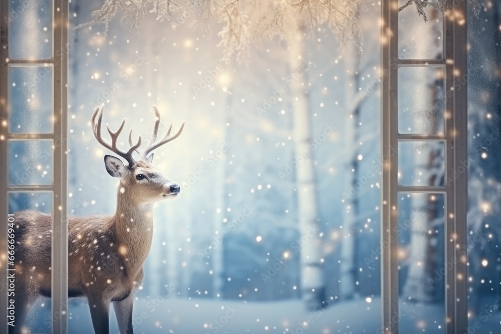 Aufkleber magical window view of reindeer decor background with empty space for text
