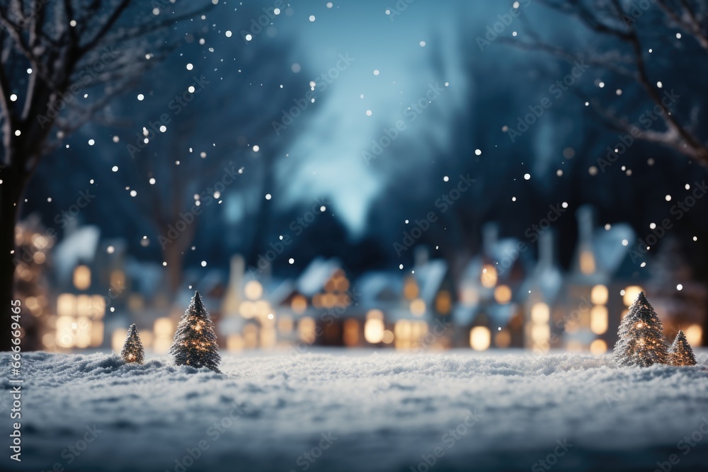 Poster snowy residential scene with holiday lights background with empty space for text