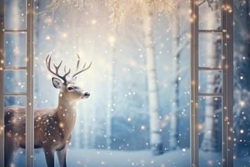 Magical window view of reindeer decor background with empty space for text 