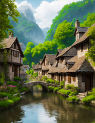 : Immerse in old village charm: picturesque village, nature's beauty, 8k resolution, peaceful, beauty of the past.