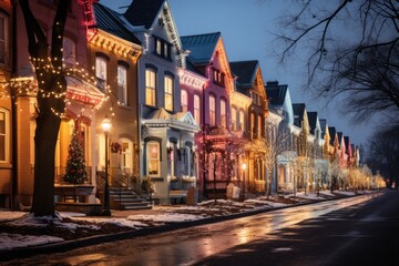 Fototapeta na wymiar Long-exposure shot of townhouses aglow with multicolored Christmas lights 