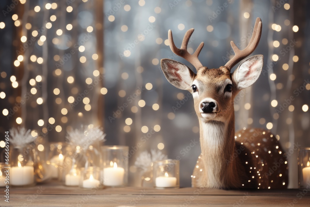 Aufkleber magical window view of reindeer decor background with empty space for text