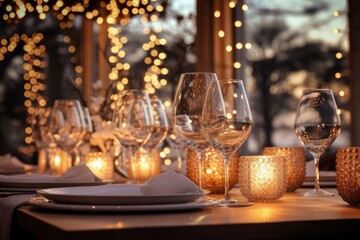 Fototapeta na wymiar Lavish dining table setting illuminated by the soft glow of Christmas lights 