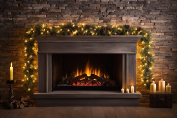 Cozy warm Christmas fireplace in home interior background with empty space for text 