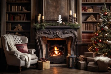 Fototapeta na wymiar Cozy interior showcasing a roaring fireplace adorned with Christmas decor 