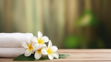 Fototapeta na wymiar Spa salon design template frangipani flowers towel copy space