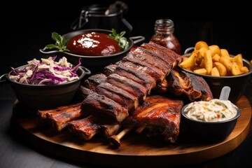  a wooden platter with ribs, coleslaw, coleslaw, and fries.  generative ai