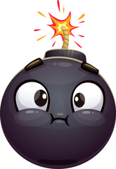 Cartoon bomb character. Explosive, weapon personage. Isolated vector funny tnt sphere with big eyes, puffed cheeks and burning fuse, ready to explode with excitement or mischief