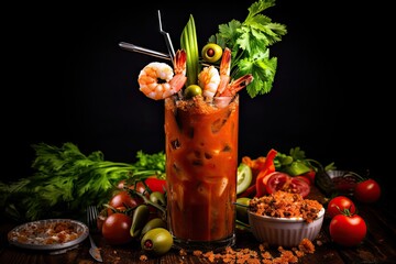  a bloody drink with shrimp, tomatoes, celery, olives, and parsley.  generative ai