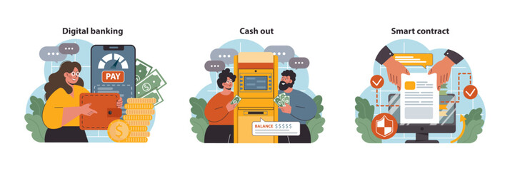 DeFi, decentralized finance set. Smart distributed ledger