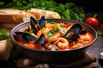  a bowl of seafood soup with bread and tomatoes on the side.  generative ai