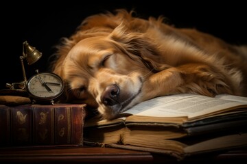 Dreamy Dog asleep reading. Relax clever home. Generate Ai - obrazy, fototapety, plakaty