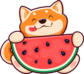 Cartoon happy Shiba Inu dog eating watermelon, cute kawaii pet character, vector animal. Kids personage of cute Shiba Inu puppy dog with yummy watermelon, baby mascot or emoji emoticon dog