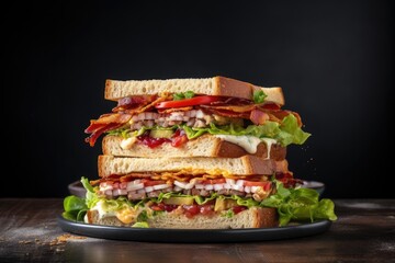  a sandwich with bacon, lettuce, tomato, and cheese.  generative ai