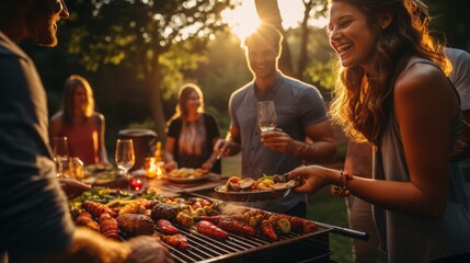 Group of People Enjoying Delicious BBQ Delicacies.  - obrazy, fototapety, plakaty