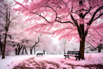 pink trees  leaves falling with snow in winter season with bench avaliable amazing view 
