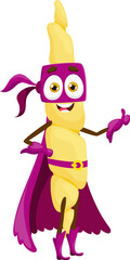 Cartoon gemelli italian pasta food superhero character. Isolated vector whimsical super hero personage, wearing a colorful purple cape, showing thumb up, and using noodle-themed powers to save the day