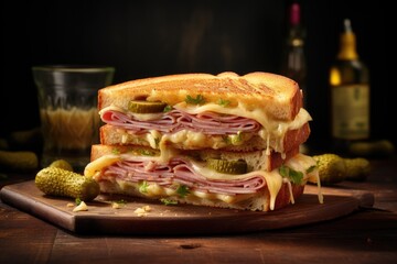  a ham, cheese, and pickle sandwich on a cutting board.  generative ai