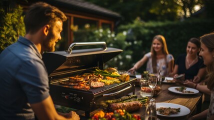 People Enjoying a Delicious Meal Together. A group of people sitting around a bbq grill with food...