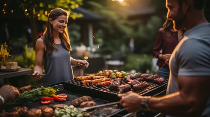A group of people standing around a bbq grill - People Enjoying a Delicious BBQ Cookout.