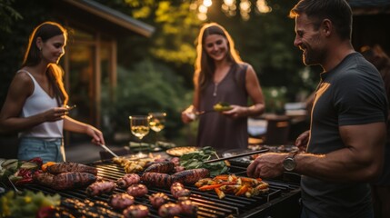A man grilling food on a grill while two women watch - obrazy, fototapety, plakaty