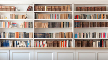 a white wooden bookcase filled with books in a public library